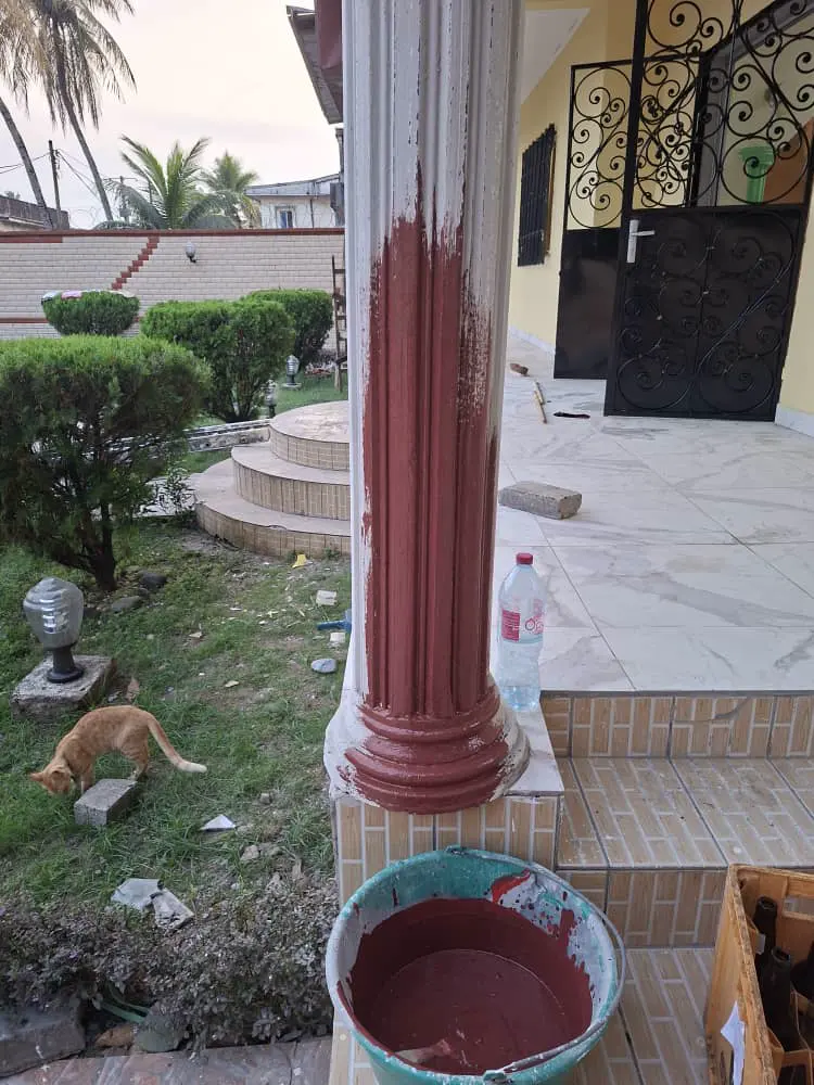Villa en cours de rénovation, façade peinte et équipe sur le perron — vue 2